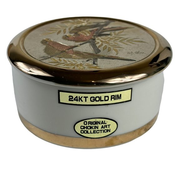 Art Of Chokin 24KT Gold Engraving Edged Trinket Box Parrots Decor - Picture 4 of 13